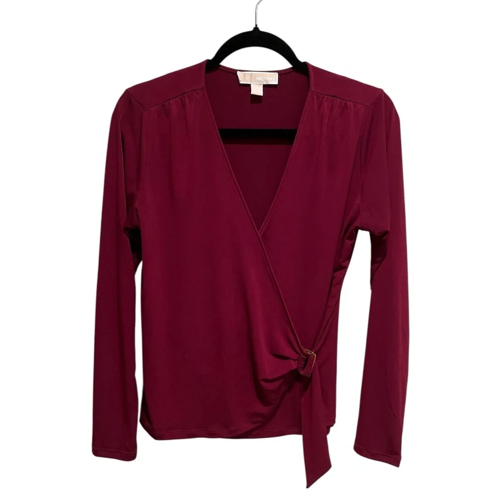 Michael Kors Maroon Red Long Sleeve Wrap Top Blouse Size Medium Gold Accent